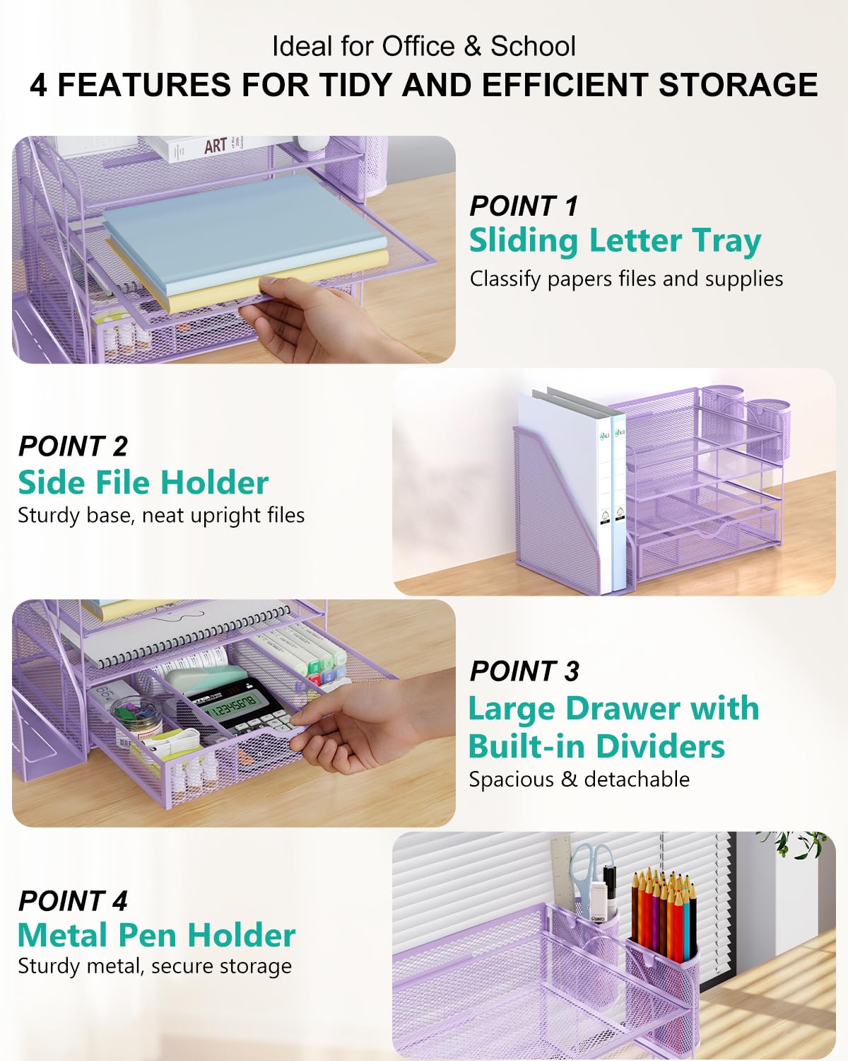 WALI Desk File Organizer, 4 Tier Desktop Paper Letter Tray Organizer with Drawer and 2 Pen Holders