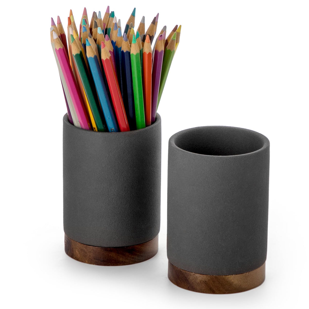 Officepal Ceramic Pen Holder for Desk, Pencil Cup, (Dark Grey, Set / 2)