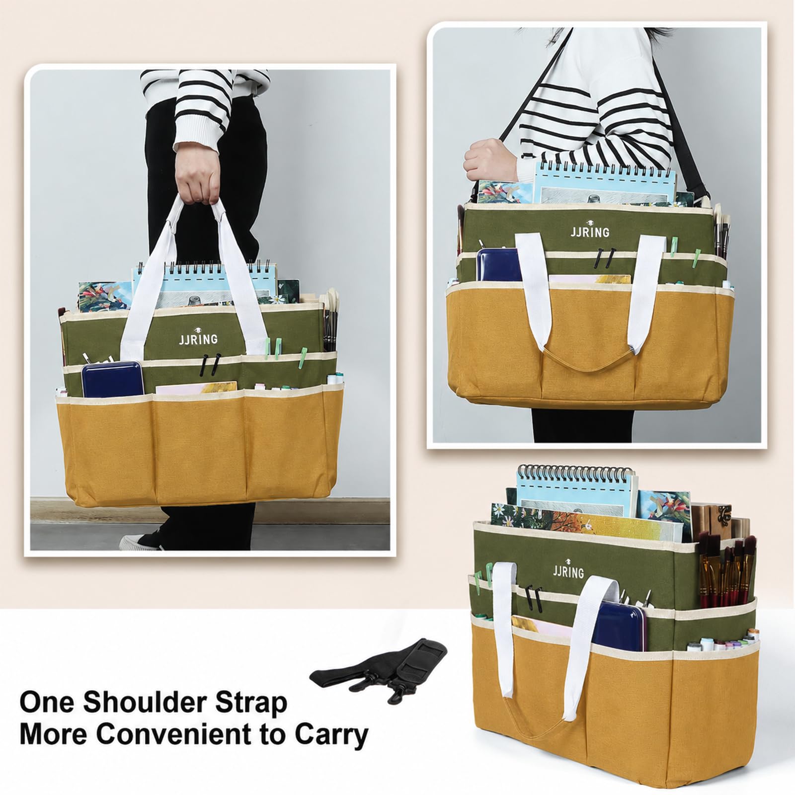 JJRING Craft Organizer Tote Bag Large Art Storage Caddy Dark Green&Brown