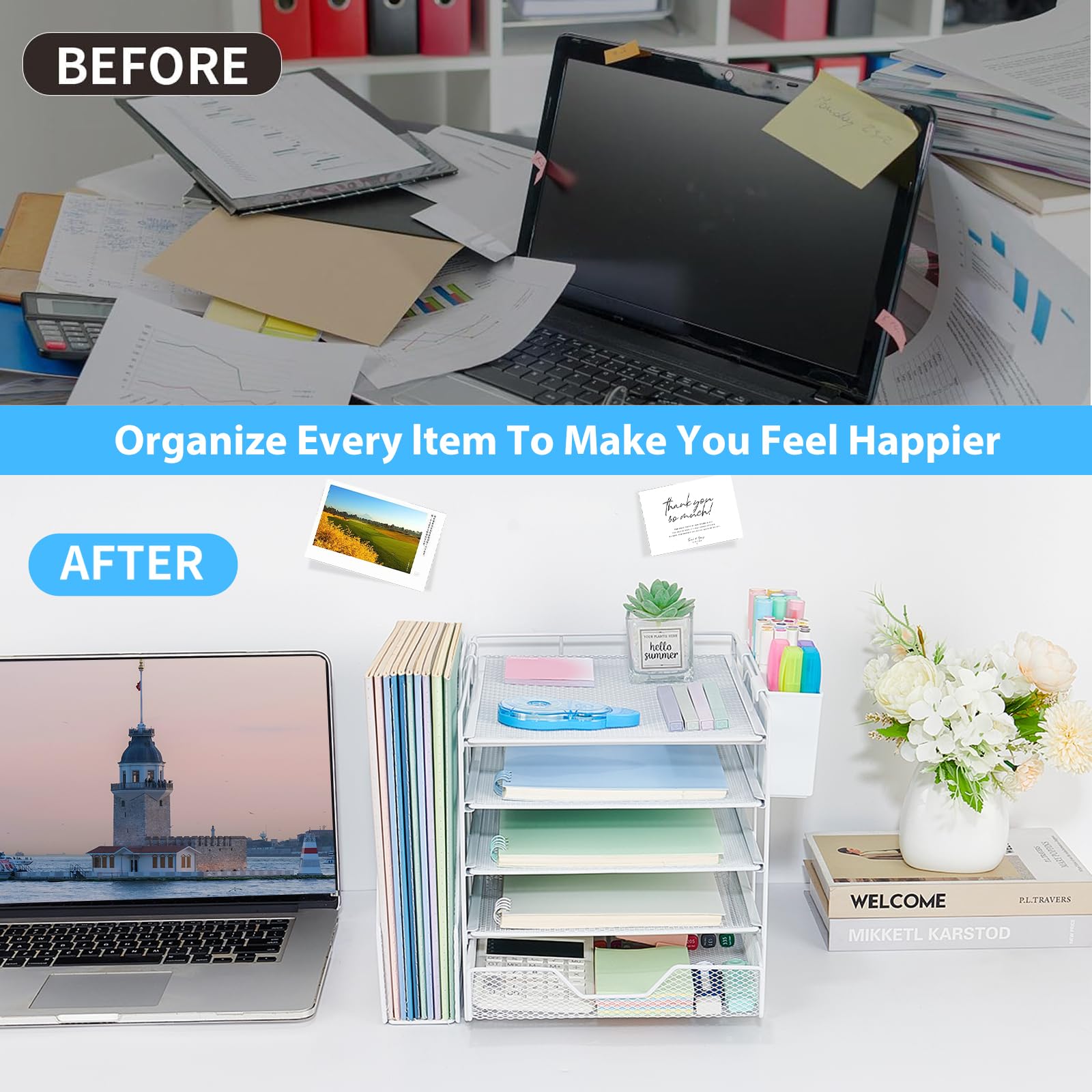 Gugsey 5-Tier Desk File Organizer with Drawer & Pen Holder (White)