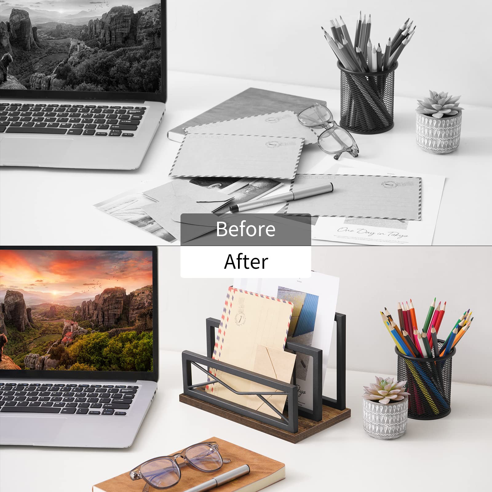 Snughome Desktop Mail Organizer, Desk Mail Organizer with 2-Slot Matte Black Metal Desktop Mail
