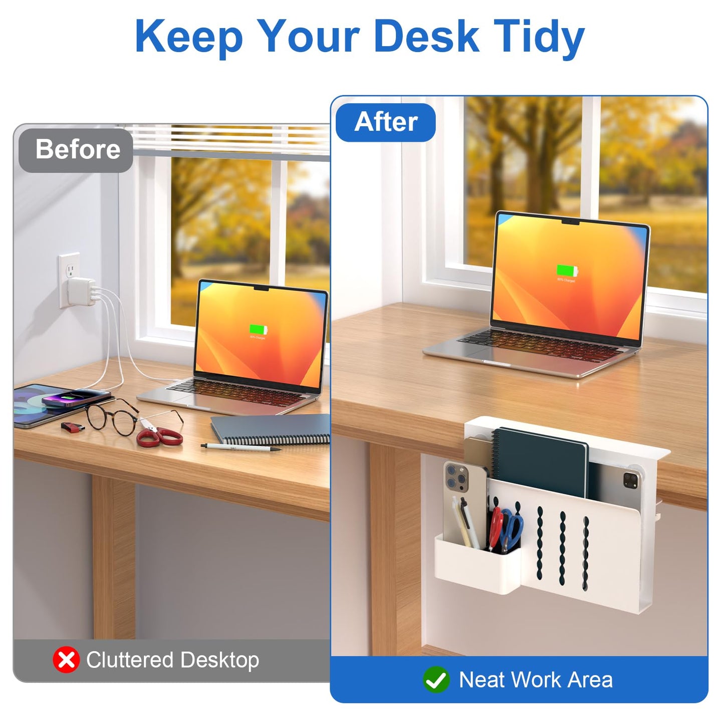 HAMOPY Desk Side Storage, Single-Layer Steel Hanging Desk Organizer with Magnetic Pen Holder, No