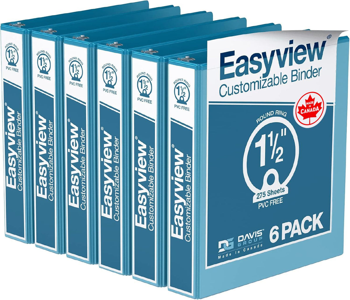 Easyview 3-Ring Binder, Clear-View Cover, 1.5" Round Rings, Turquoise, 6 Pk