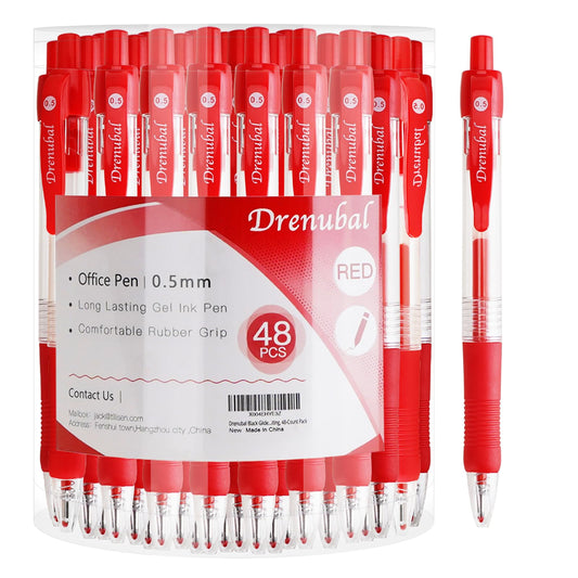 Drenubal Red Ballpoint Pens with Rubber Grip，Fine(0.5mm) Point Retractable-Set of 48 Writing Pens