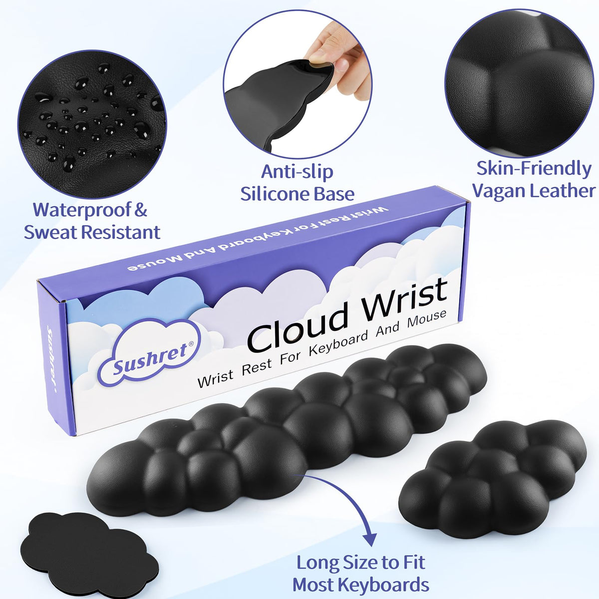 Sushret Cloud Wrist Rest Keyboard, Cloud Keyboard Wrist Pad Set with PU Leather Memory Foam, Cute