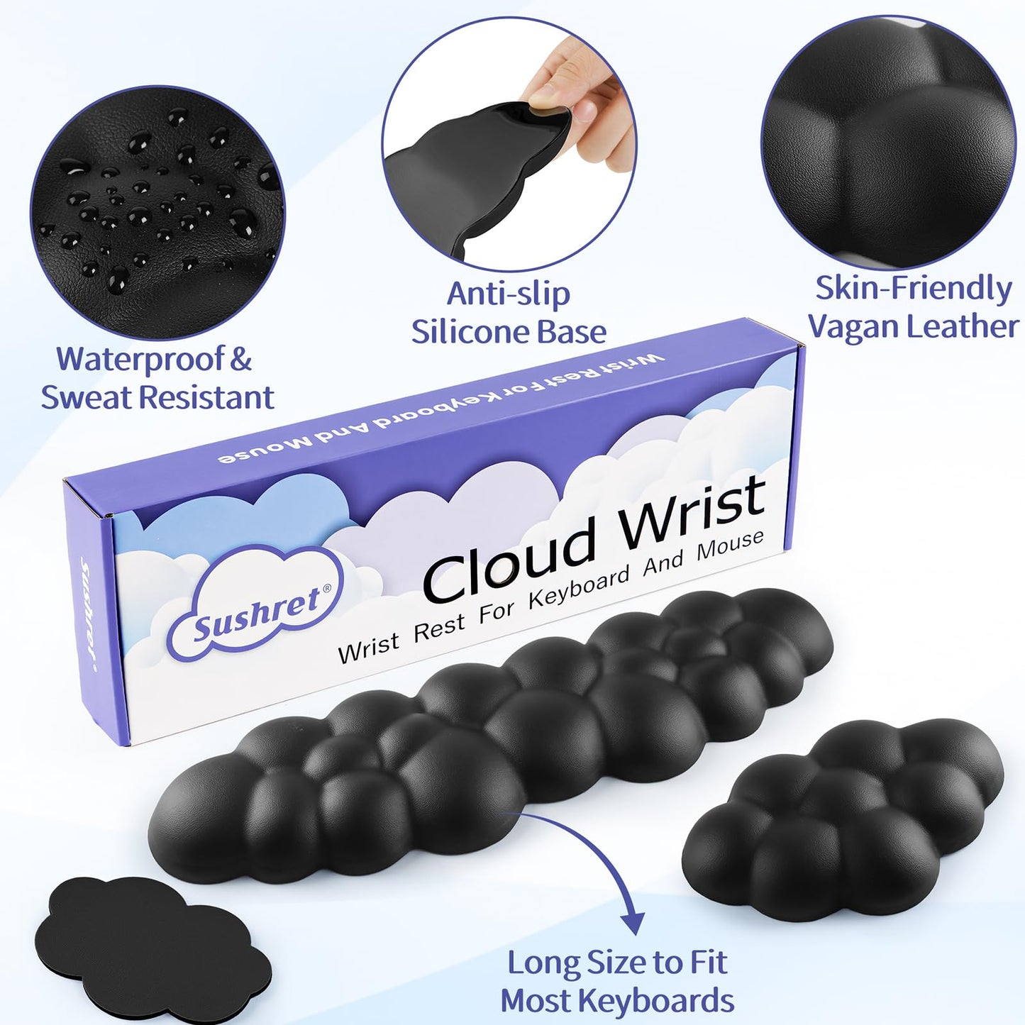Sushret Cloud Wrist Rest Keyboard, Cloud Keyboard Wrist Pad Set with PU Leather Memory Foam, Cute