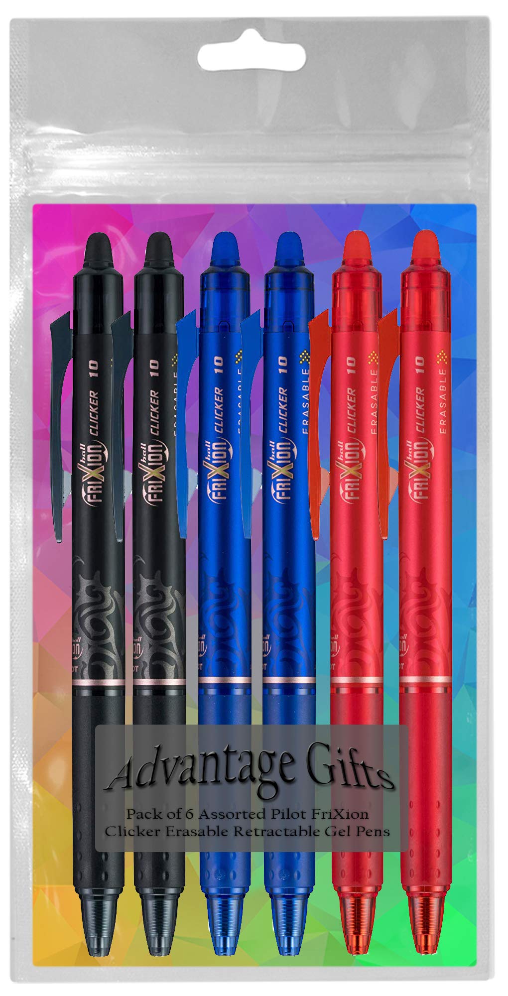 Clicker Retractable Erasable Gel Pen, Black/Blue/Red Bold Point, 6-pk;