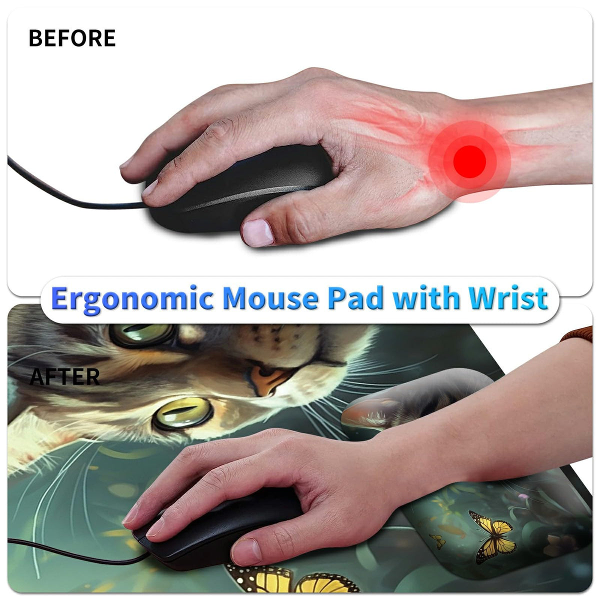 BPQOJB Laptop Mouse Pad 27.5 x 11.8 inch & Small Wrist Rests with Coasters and Cute Cat & Butterfly