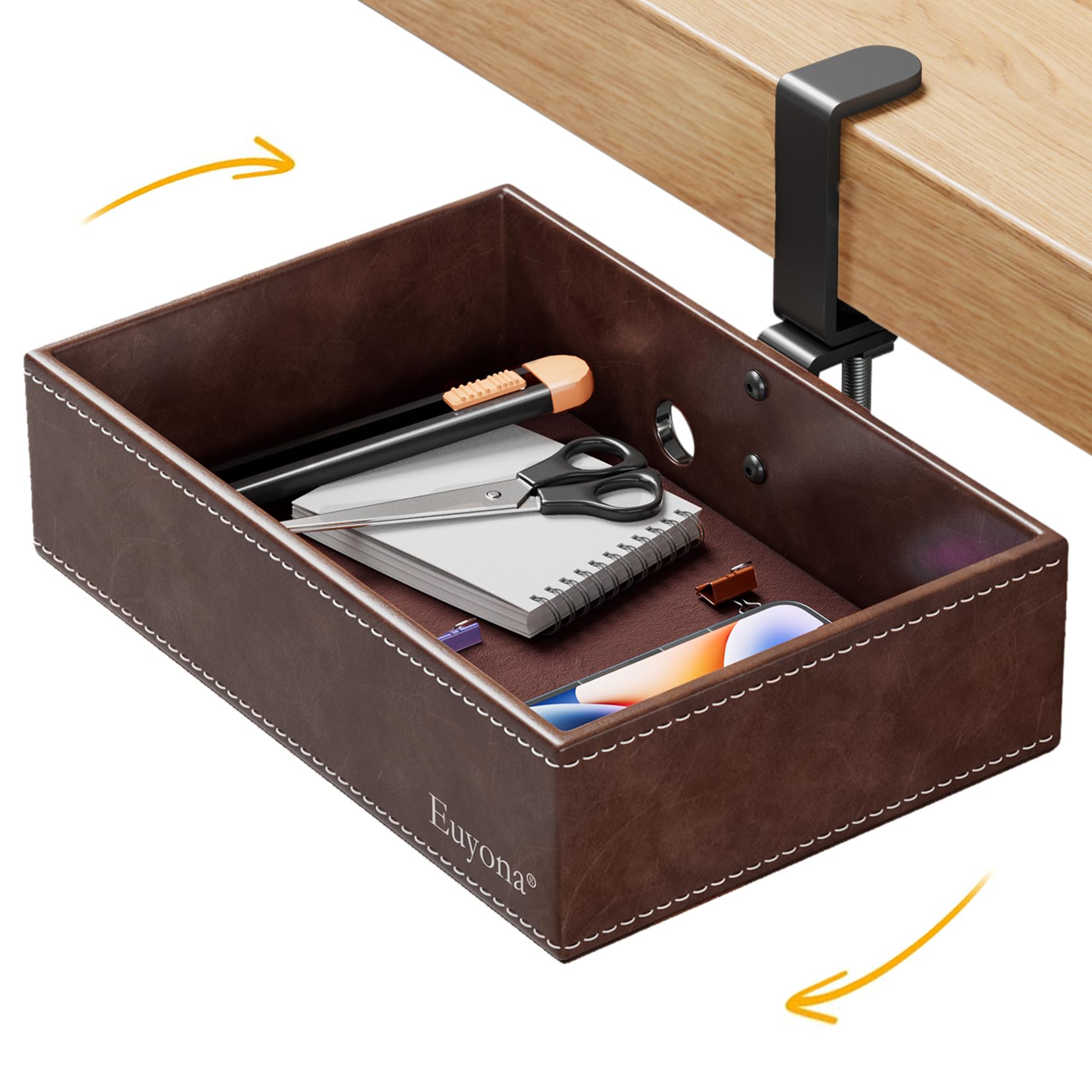 Under Desk Drawer, Clamp on Desk Organizer Hanging Desk Storage PU Leather
