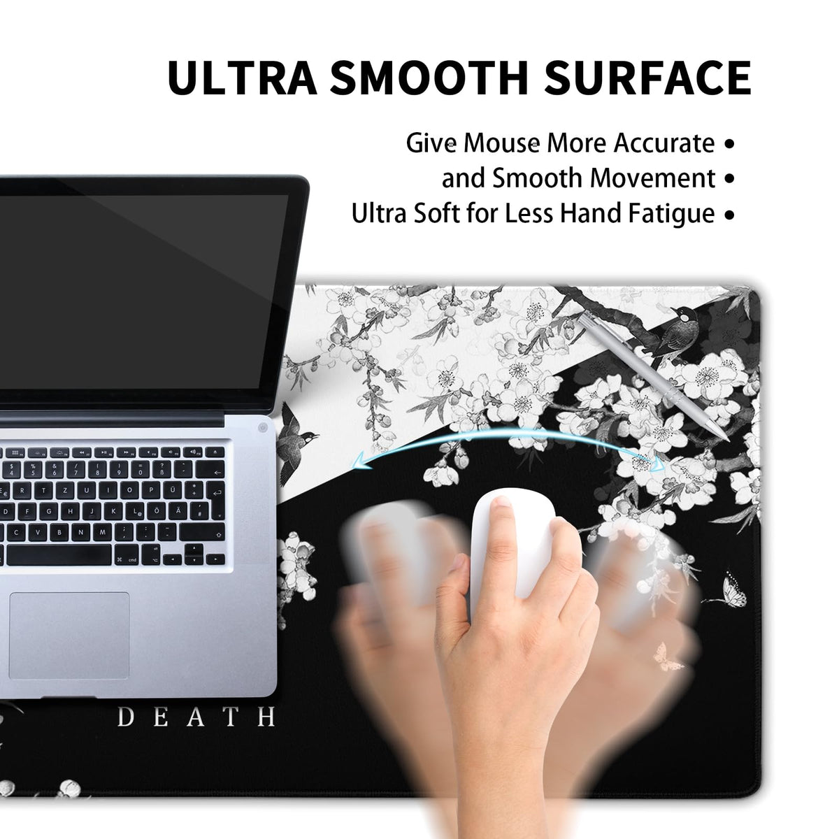 Black and White Cherry Blossom Gaming Mouse Pad XL，Large Mouse Pad Japanese Sakura Death Life Mouse