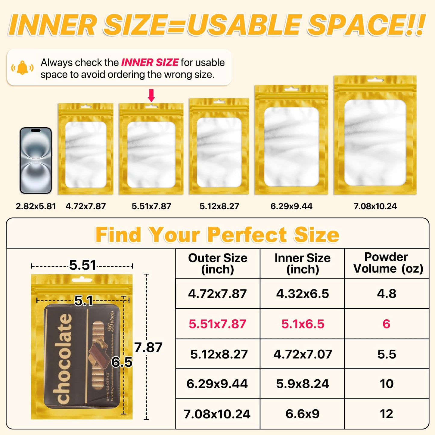 ANZNKU 100Pcs Gold Mylar Bags, Resealable Smell Proof Zip Goodie Baggies