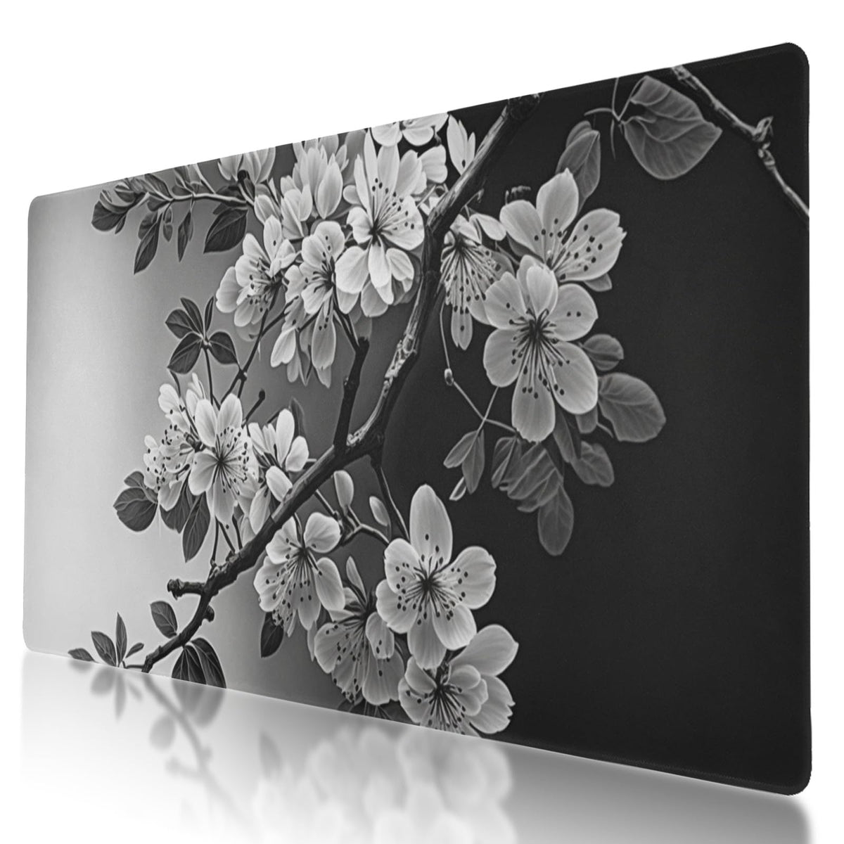Black and White Sakura Branch Mouse Protector Mat - XL Non-Slip Mouse Pad for Gaming and Work