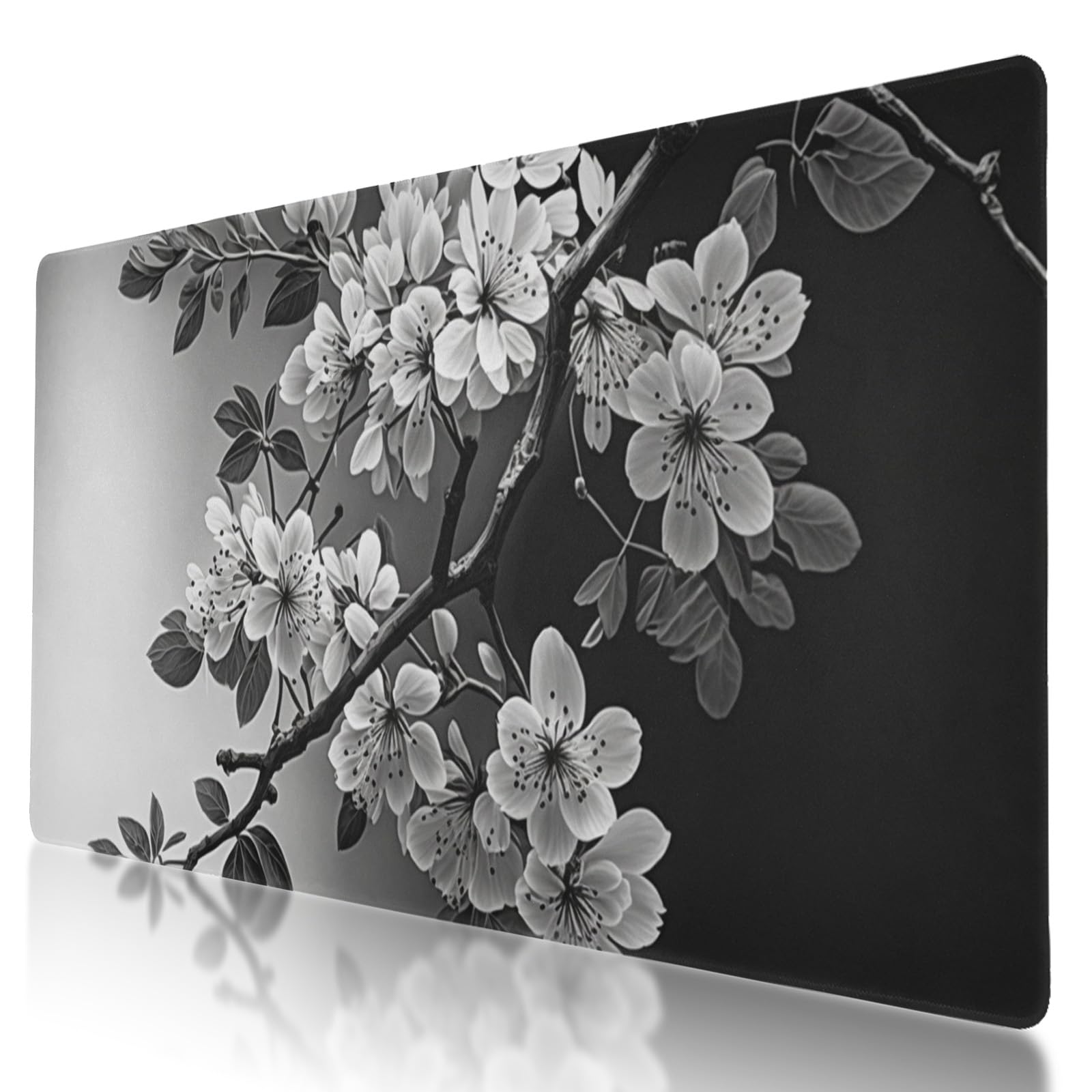 Black and White Sakura Branch Mouse Protector Mat - XL Non-Slip Mouse Pad for Gaming and Work