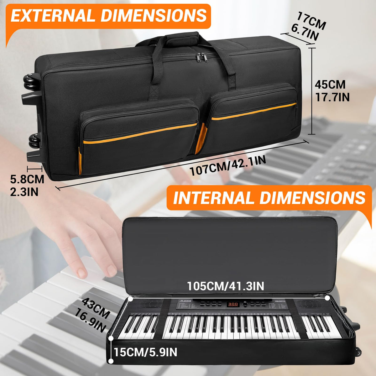 ORKELS 61-Key Keyboard Case with Wheels & Adjustable Shoulder Straps– Padded Rolling Gig Bag with 4
