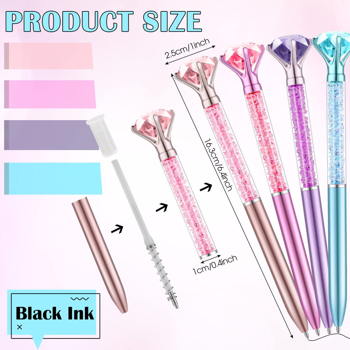 Leinuosen 48 Pcs Big Crystal Diamond Pens Bulk Bling Black Ink Rhinestones Ballpoint Pen Bridal