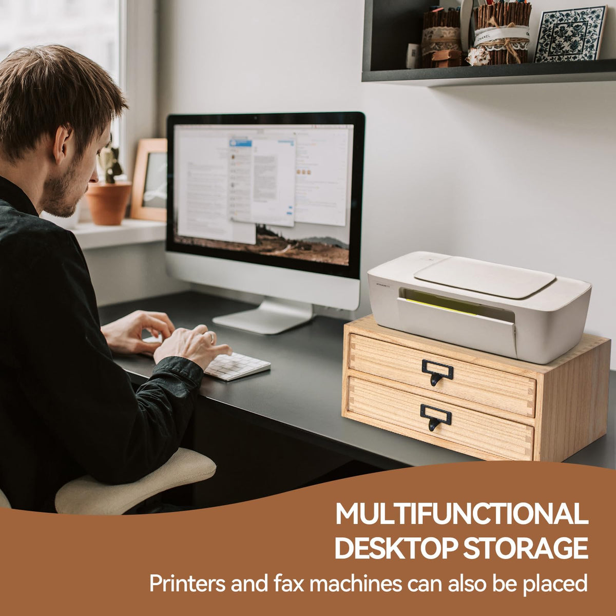 KIRIGEN Solid Wood Desk Organizer with 2 Drawers, Desktop Storage, Natural