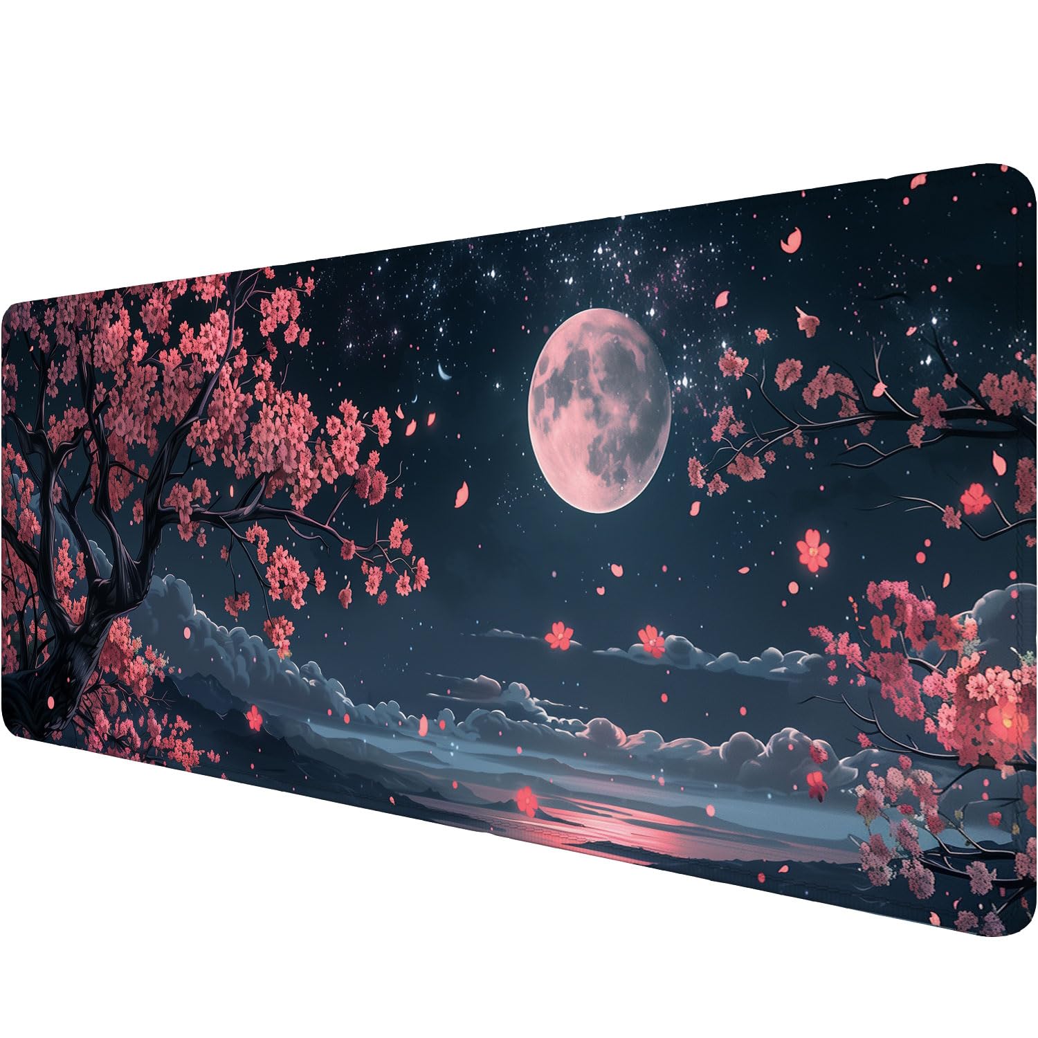 Cherry Blossom Floral Desk Pad Mouse Pad Kawaii Pink Black Moon Floral Gaming Mouse Mat with