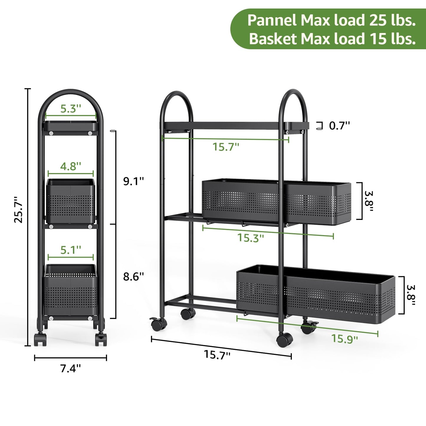 KINGRACK 3 Tier Slim Rolling Cart with Drawer, Metal Utility Storage Cart