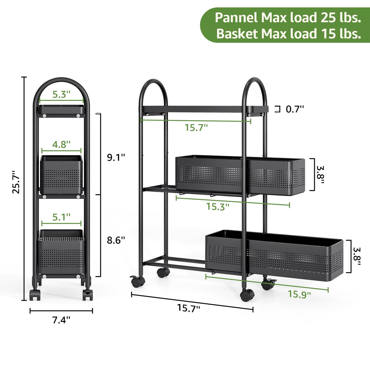 KINGRACK 3 Tier Slim Rolling Cart with Drawer, Metal Utility Storage Cart