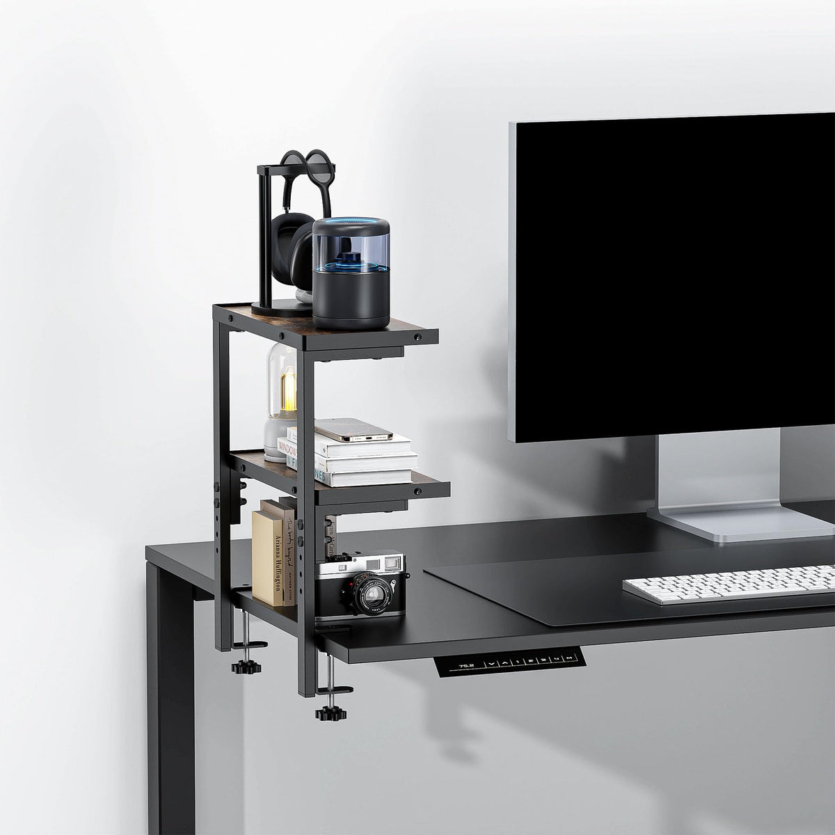 Spacrea Clamp on Desk Shelf, 2 Tier Office Desk Shelves Organizer, Wood Desktop Supplies Storage