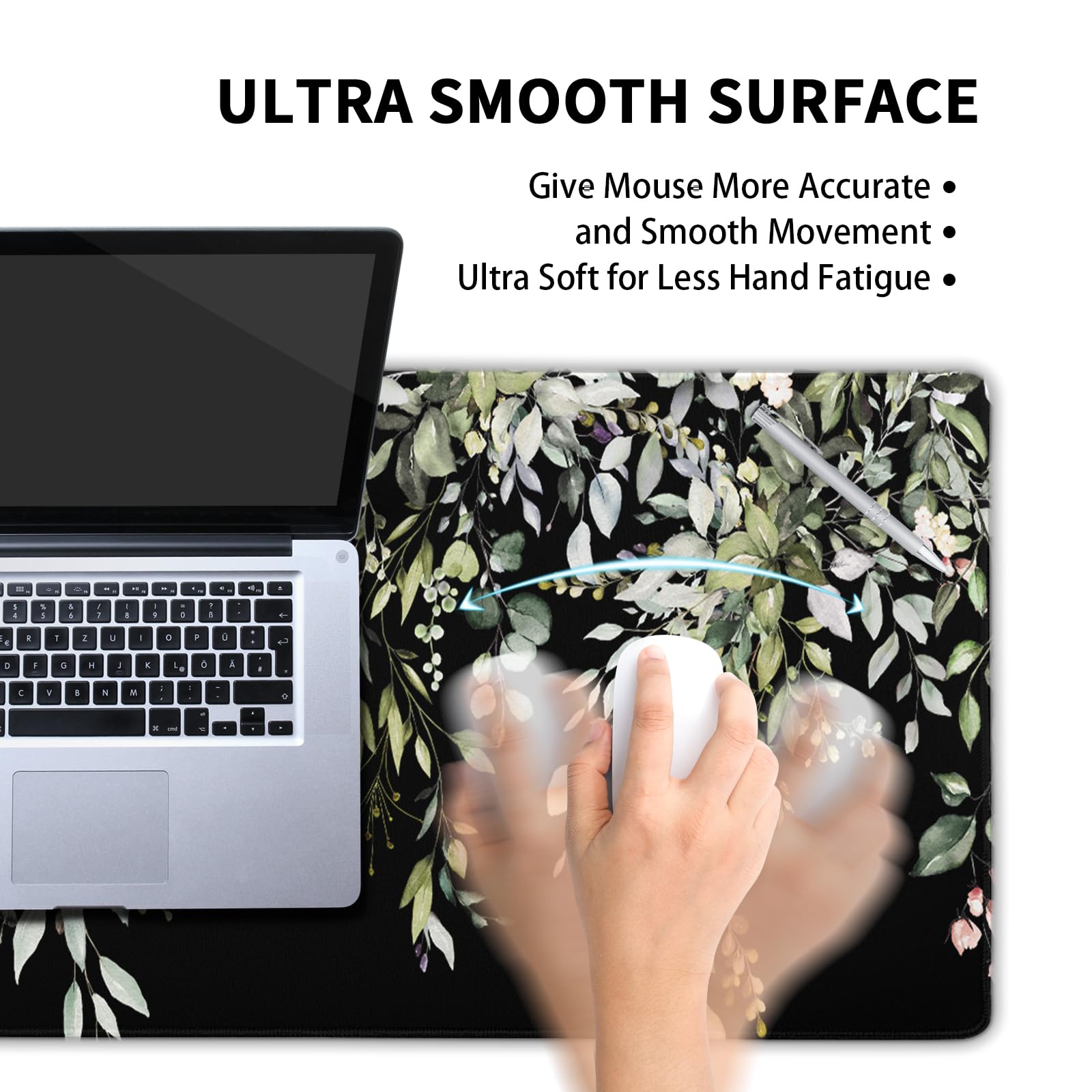Green XXL Sage Green Leaves Gaming Mouse Pad 35.4"X15.7" Wildflower Extended Keyboard Mat Non-Slip