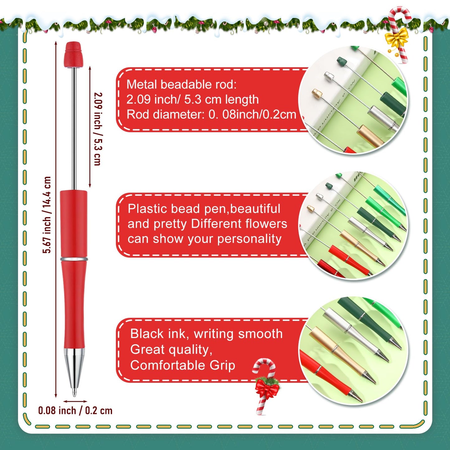 Kosiz 60 Pieces Beadable Pens Bulk Black Ink Pens,Red, Green Series,Classic