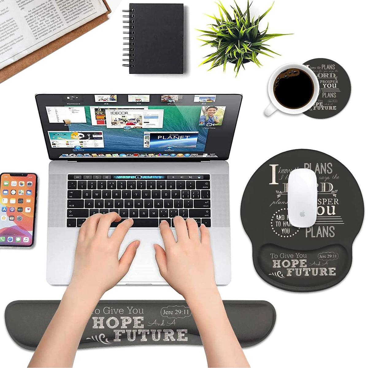Keyboard Wrist Rest and Mouse Pad Wrist Support Set with Coasters, Non-Slip PU Base, Easy Typing