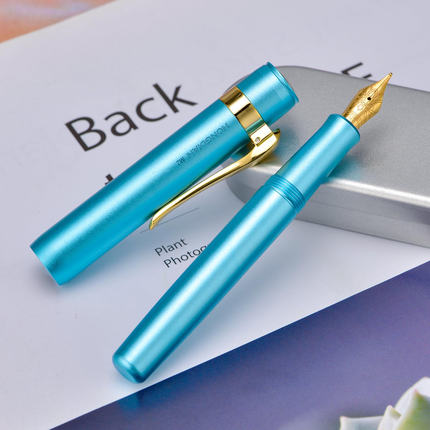 HONG DIAN M2 Black Forest Mini Fountain Pen, Bent Nib & Sleek Shape Aluminium Short Pocket Travel