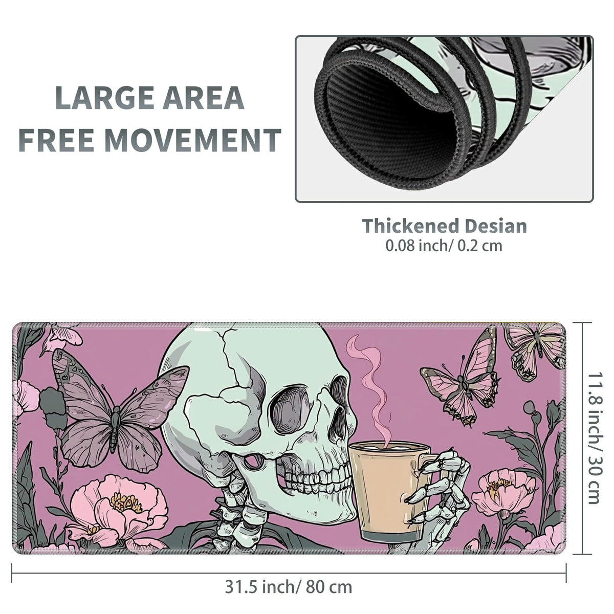 Large Gaming Mouse Pad Plus a Coasters + Cable Clips, Pink Skull Butterfly Extended Mousepad (31.5