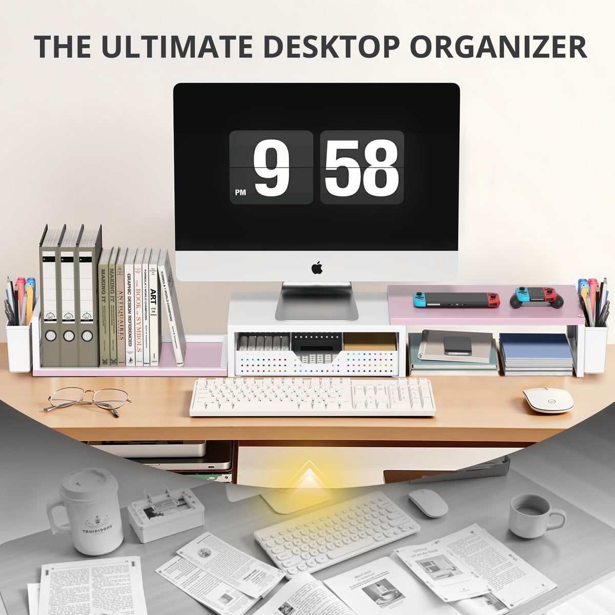 OPNICE Desk Organizers and Accessories, Dual Monitor Stand Riser with Drawer and 2 Pen Holders