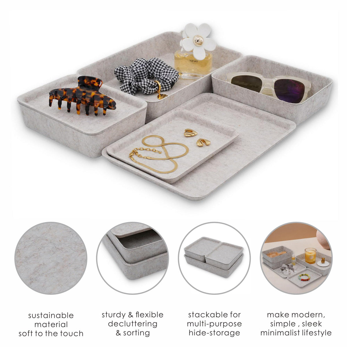 Welaxy Oatmeal Lidded Felt Drawer Organizers 3pc Office Makeup Storage Box