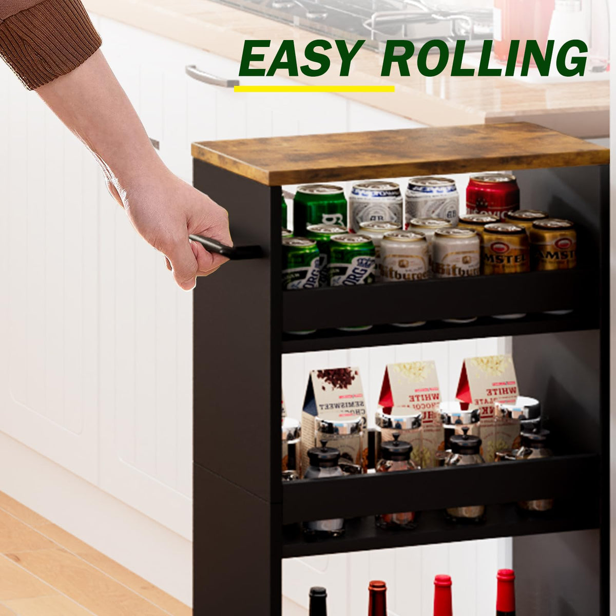TEAMIX Slim Rolling Storage Cart, Wood 4-Tier Narrow Kitchen/Laundry Cart