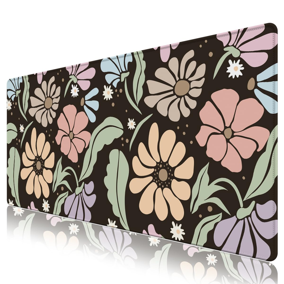 ARTSO Black Large Desk Mat,XXL Gaming Mouse Pad,Non Slip Desk Pad with Rubber Base,Floral Extended