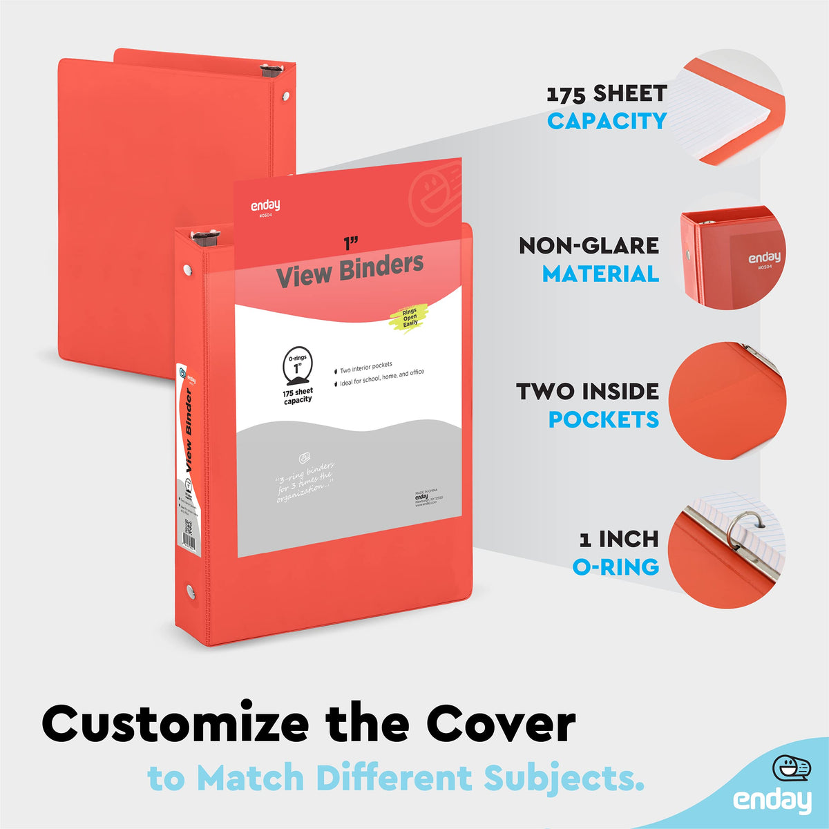 1 Inch 3 Ring Binder 1” Binder Red Clear View Cover with 2 Inside Pockets, Colored School Supplies