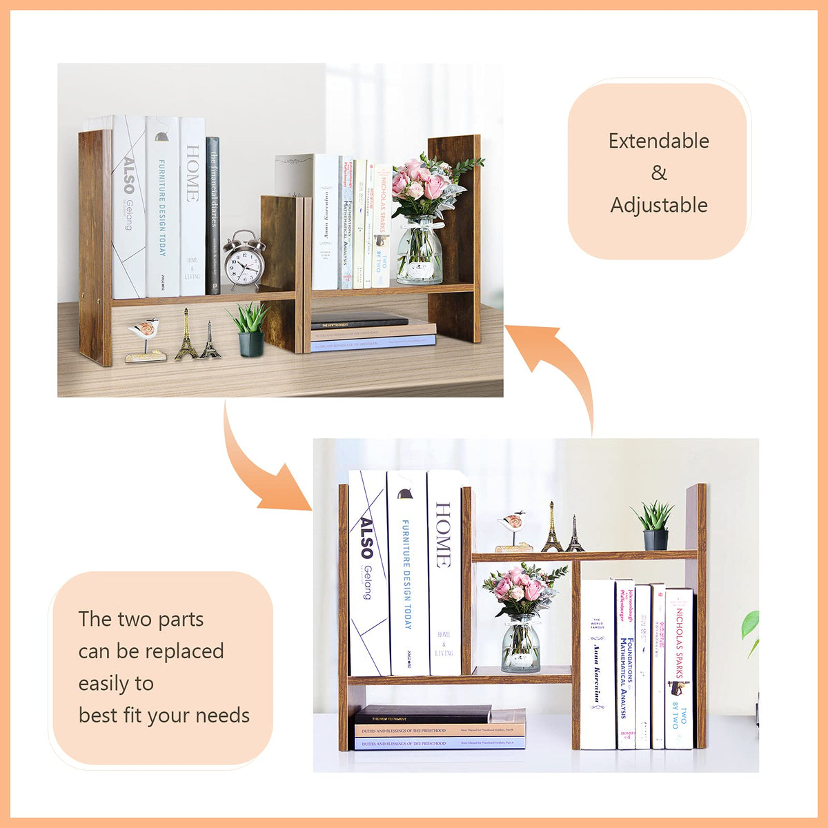 J.M.Deco Desktop Organizers and Storage for Office, Adjustable Desktop Organizer Shelf Double H