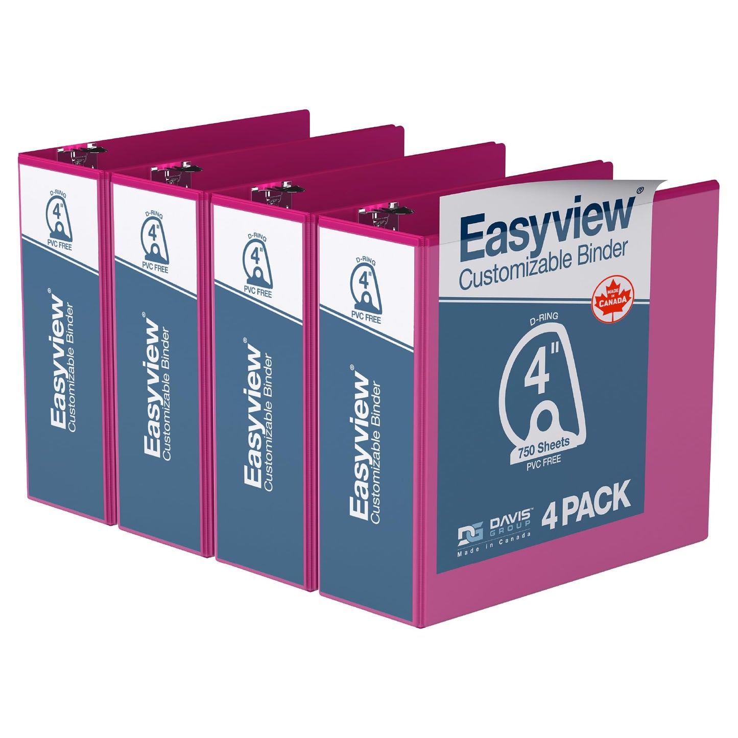 Easyview 3-Ring Binder, Clear-View Cover, 4" D Rings, Pink, 4 Pack