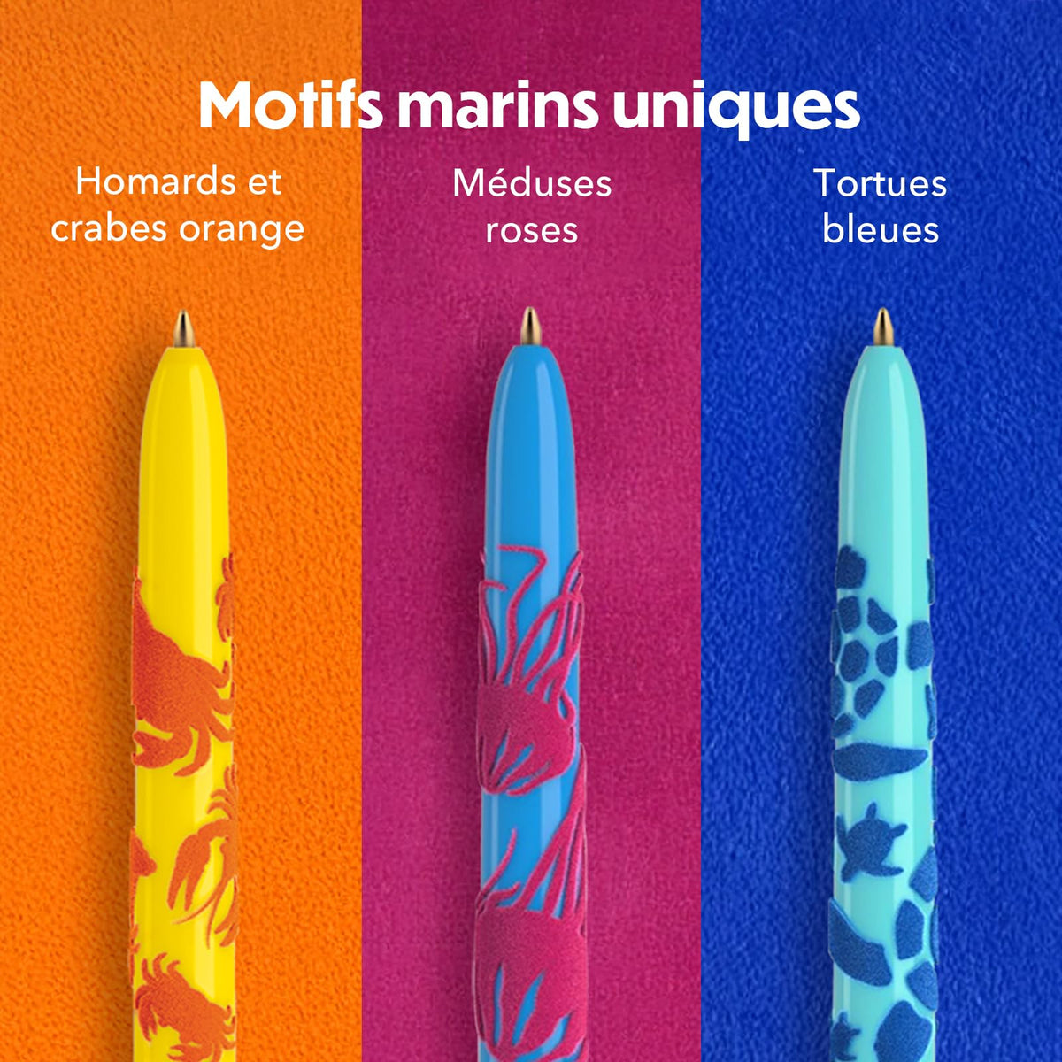 BIC 4 Colours Velours Ball Pens Medium Points (1.00 mm) Sea Life Theme - 3 Assorted Designs, Pack
