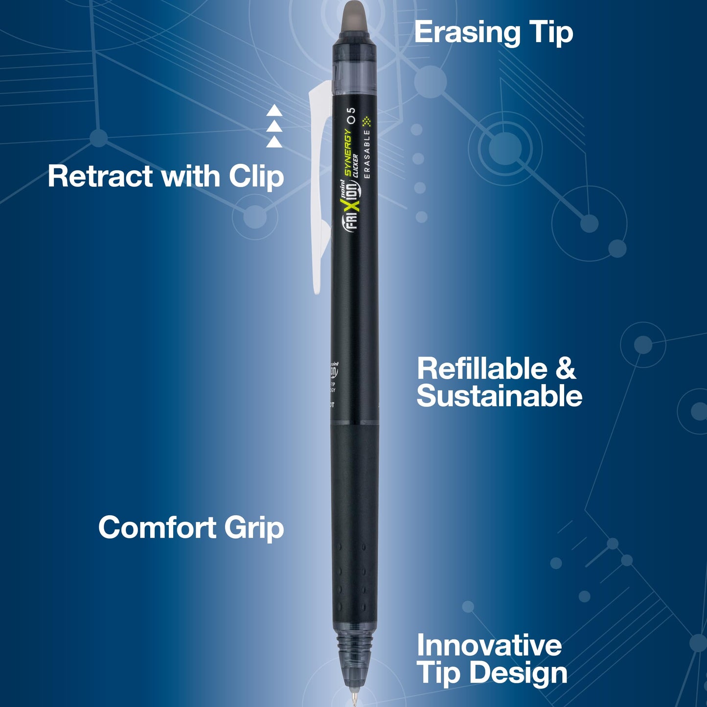 Pilot FriXion Synergy Clicker Erasable Gel Ink Pens, 0.5mm, Black, 12-Pack