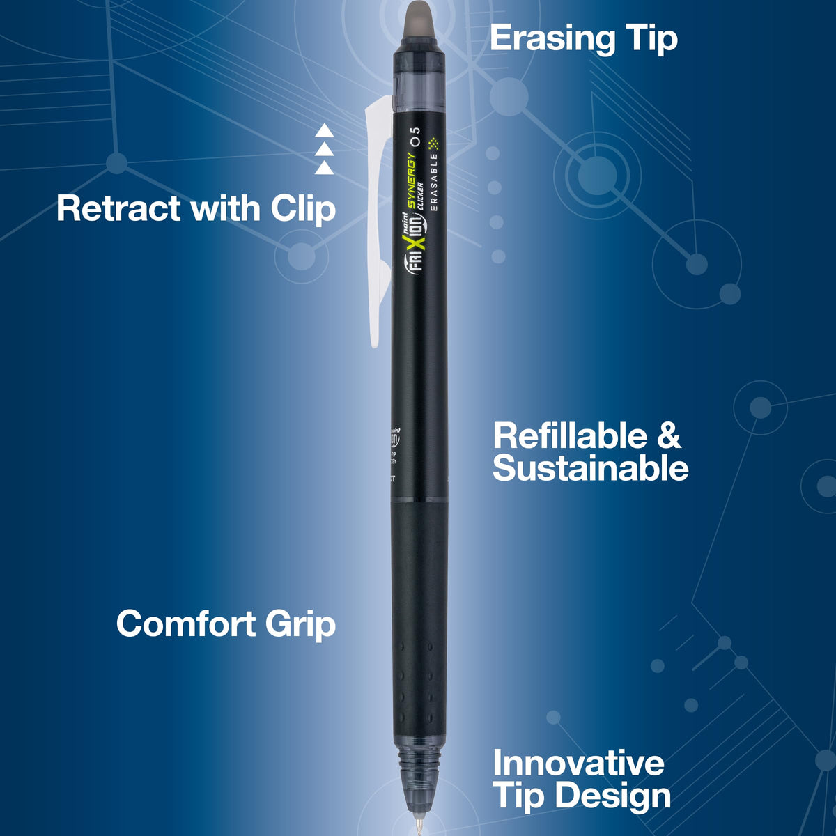 Pilot FriXion Synergy Clicker Erasable Gel Ink Pens, 0.5mm, Black, 12-Pack
