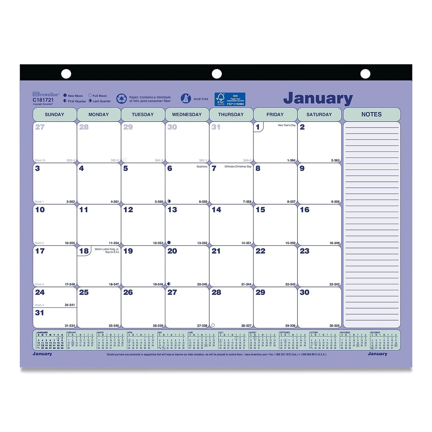 Brownline Monthly Desk Pad Calendar, 11 x 8.5, White/Blue/Green Sheets, Black Binding, 12-Month