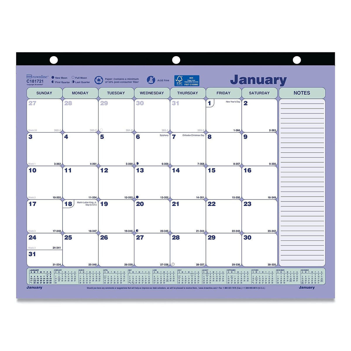 Brownline Monthly Desk Pad Calendar, 11 x 8.5, White/Blue/Green Sheets, Black Binding, 12-Month