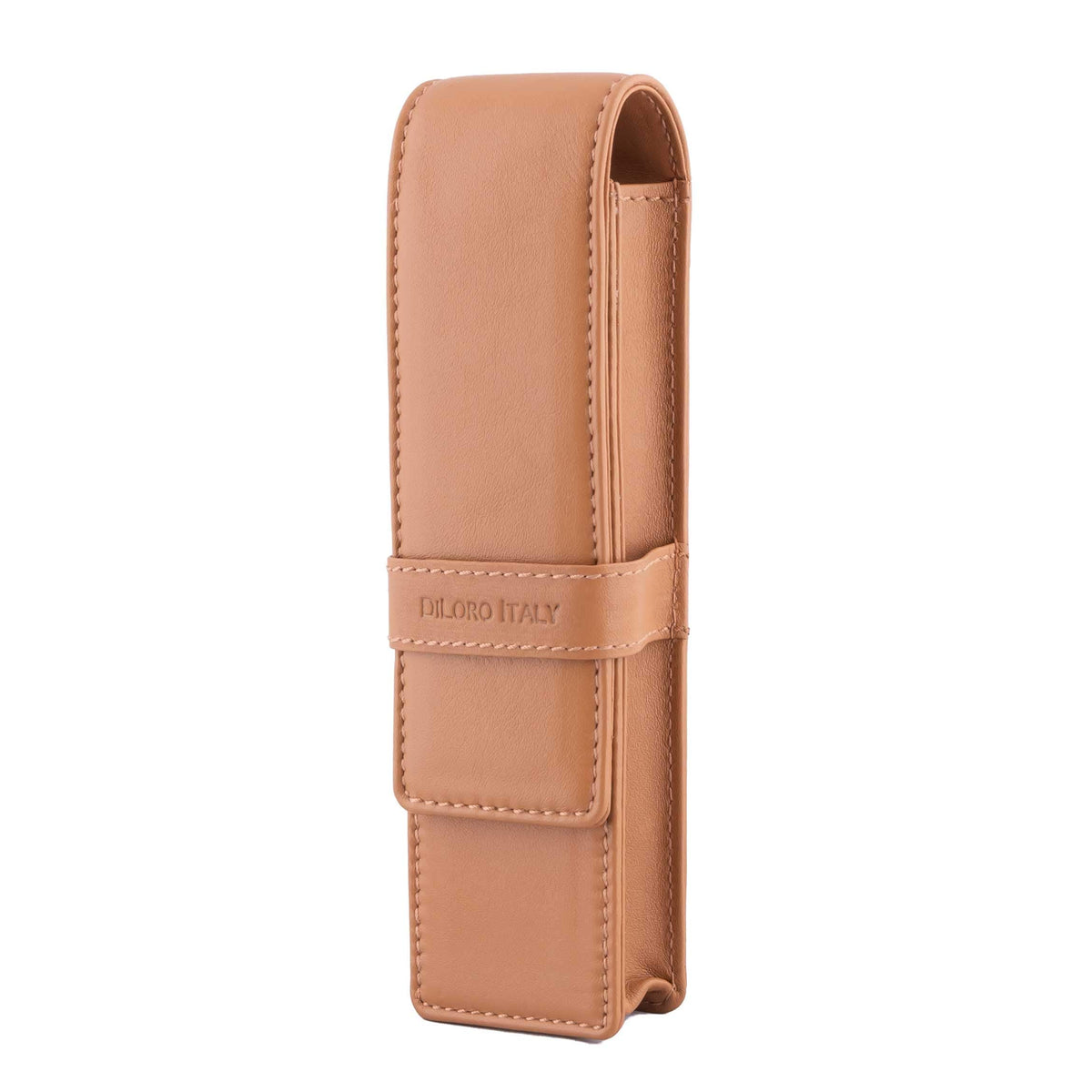 DiLoro Leather Pen Case Pouch Holder for Two Fountain Ballpoint Rollerball Pens or Pencils (Tan)