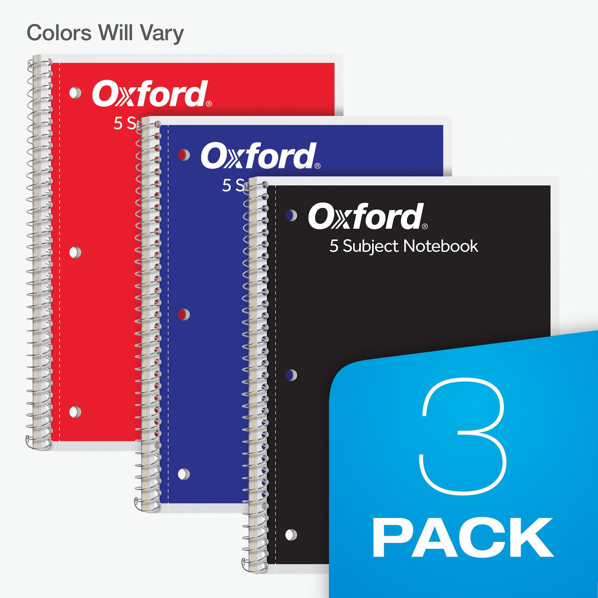 Oxford Spiral Notebooks, 3 Pack, 5 Subject, College Ruled Notebooks for School, 8 x 10.5 Inches