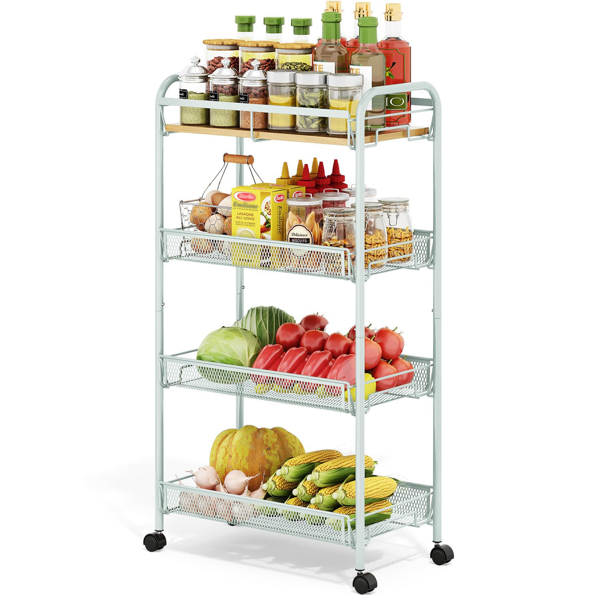 TOOLF 4-Tier Rolling Cart, Metal Utility Cart, Slide Out Storage Cart with Wooden Tabletop and Mesh