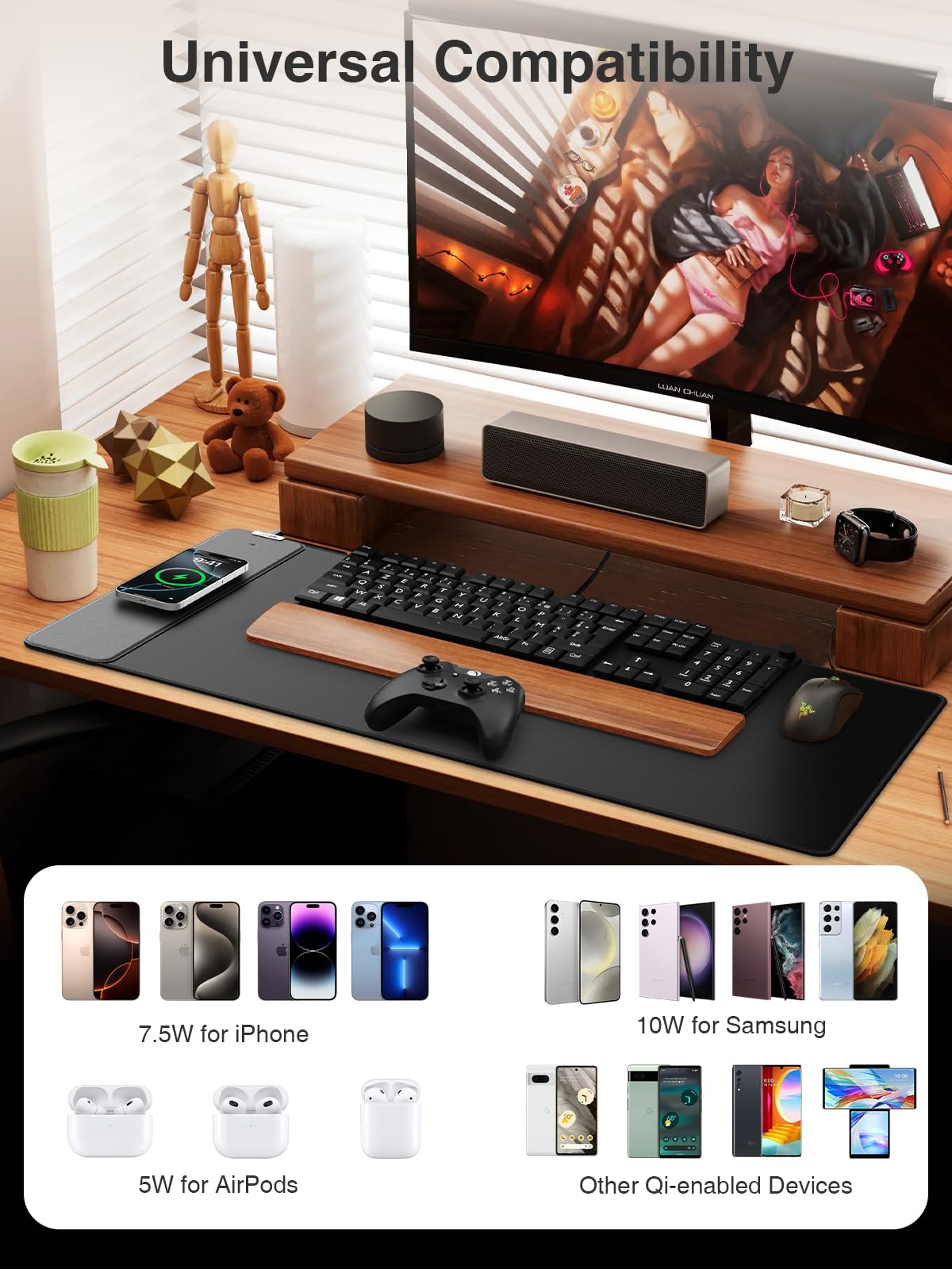 Magnetic Wireless Charging Mouse Pad, 31.5"x15.8" Large Desk Mat