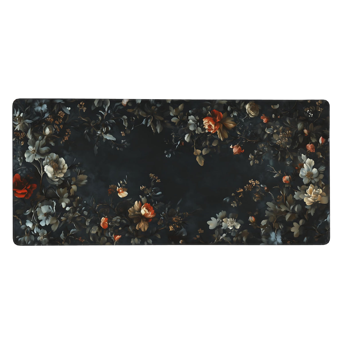 Floral Aesthetic Rose Gaming Mouse Pad, Black Dark Botanical Desk Mat with Anti-Slip Base &
