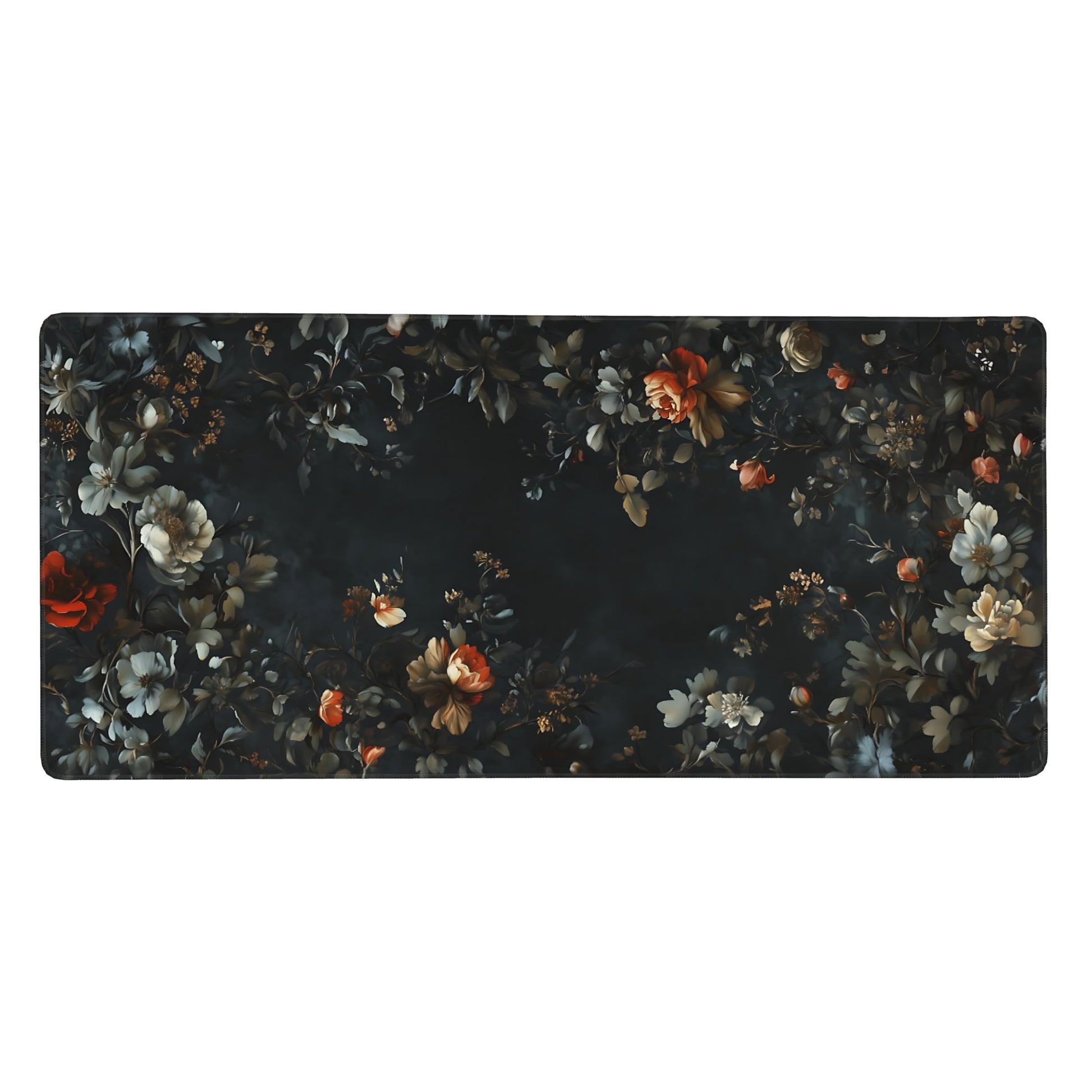 Floral Aesthetic Rose Gaming Mouse Pad, Black Dark Botanical Desk Mat with Anti-Slip Base &