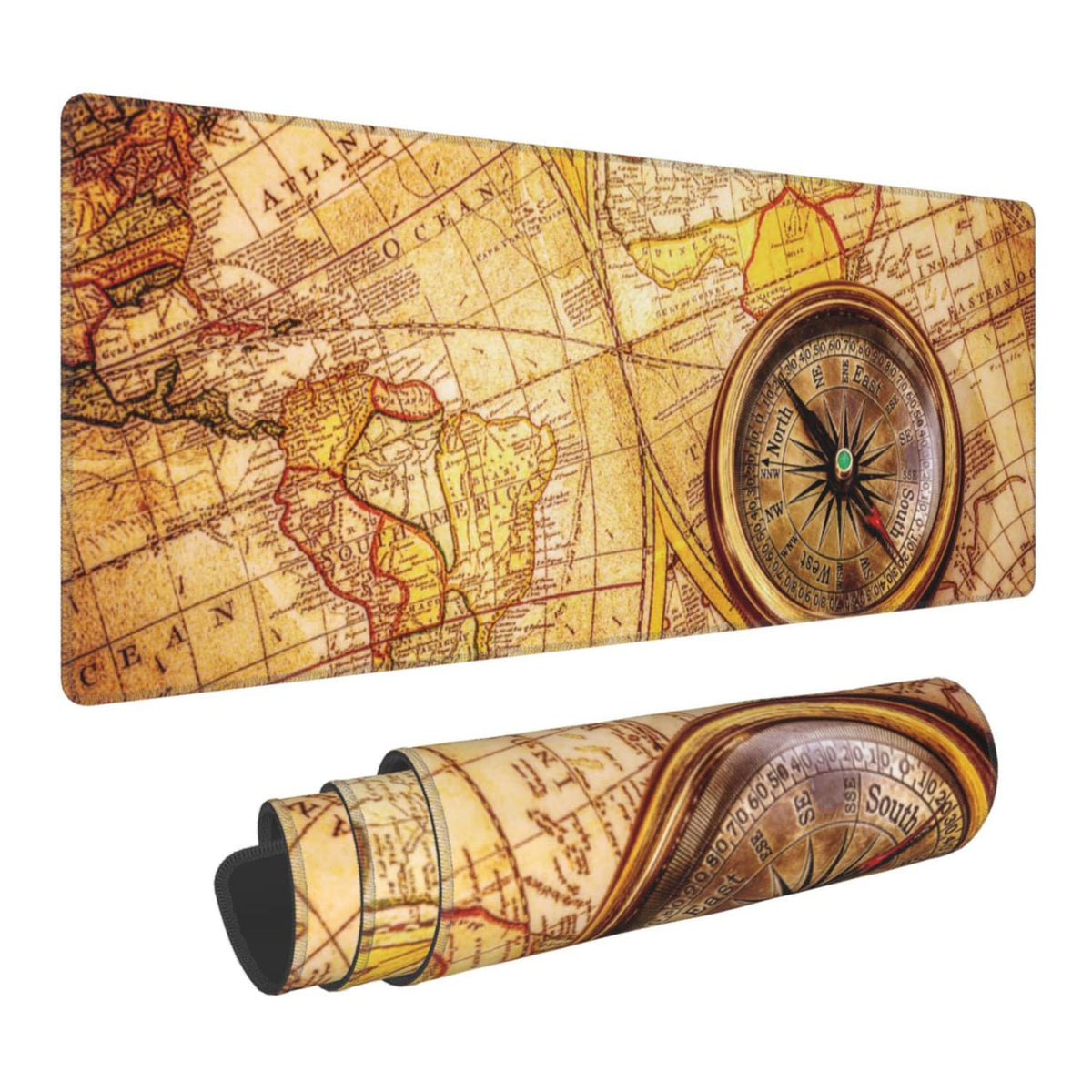 Vintage Compass Lies on Ancient World Map Extended Gaming Mouse Pad Large Desk Mat with Non-Slip