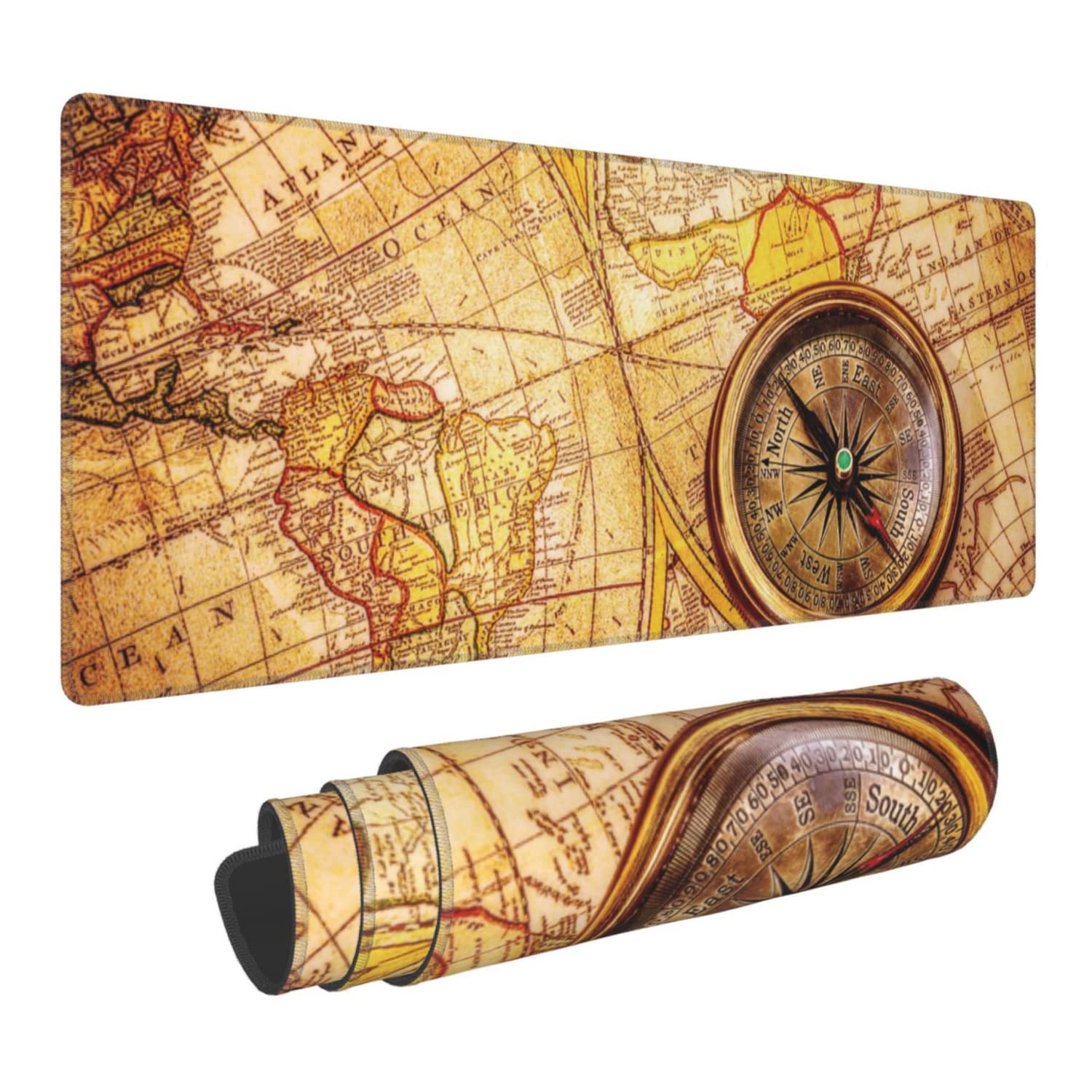Vintage Compass Lies on Ancient World Map Extended Gaming Mouse Pad Large Desk Mat with Non-Slip