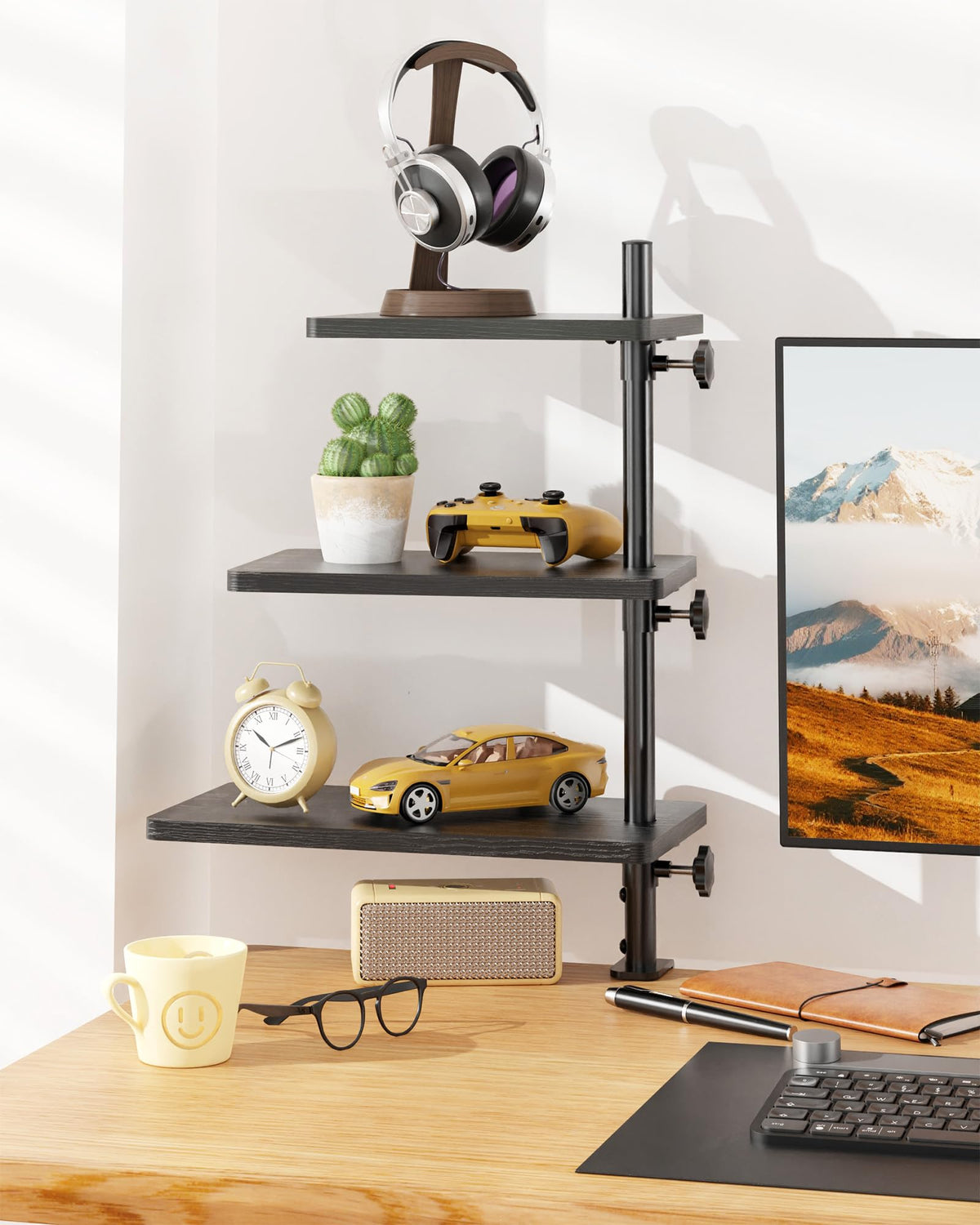 ART-GIFTREE 3 Tiers Clamp On Desk Shelf, 360° Angle Adjustable Desktop Shelf Organizer for Home
